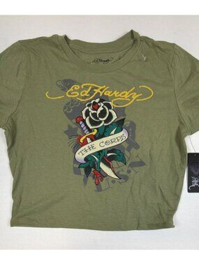 Ed Hardy Women Large L Olive Green Graphic Crop T-Shirt NWT Rose Dagger Logo